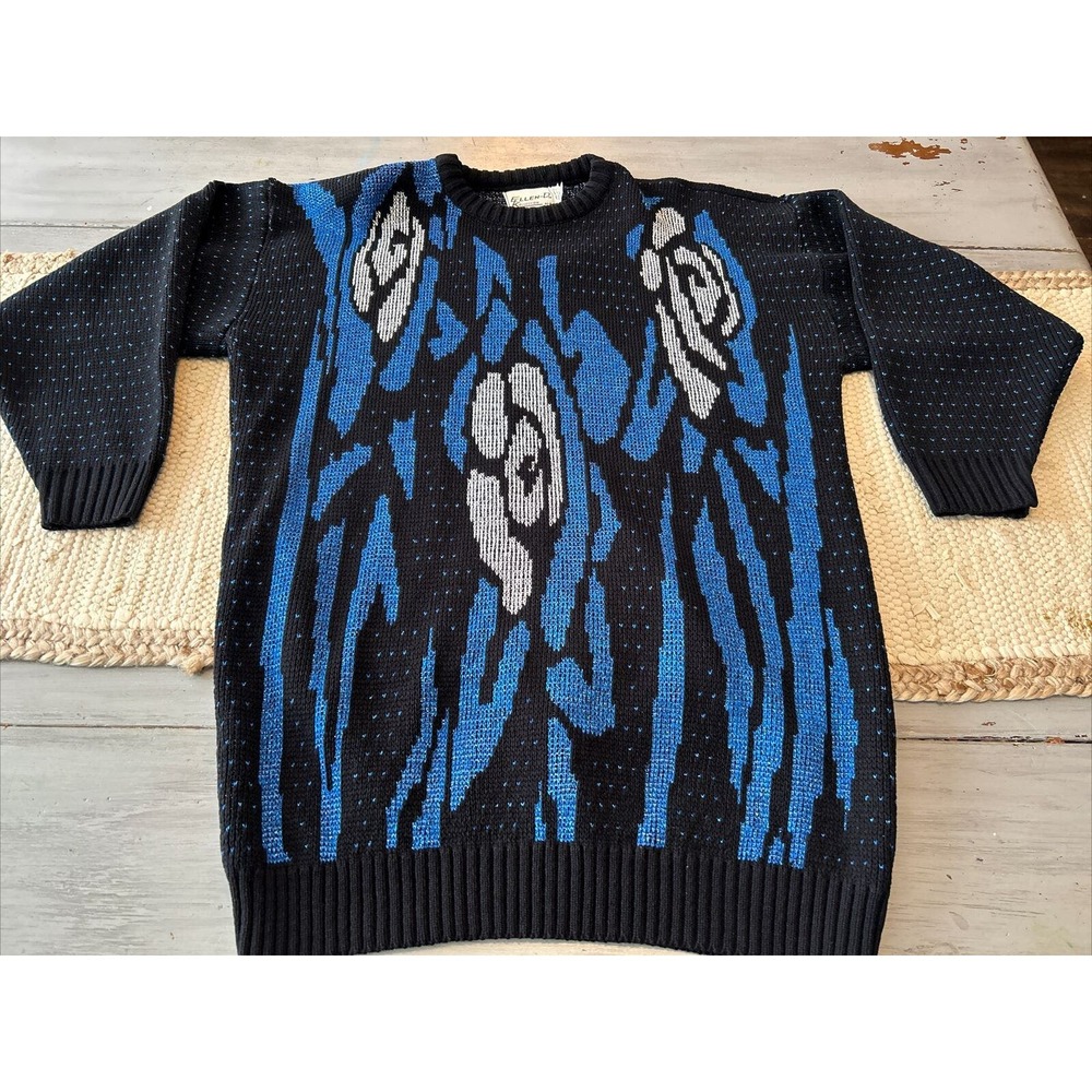 Vtg Ellen-D Kollection Sweater Black Blue Metallic Rose Womens Sz S Made USA 80s